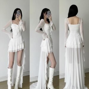 🛒فستان طويل الأكمام بياقة مربعة مصنوع من شبكة قماشية ذو خصر عالي وقصة غير متماثلة، لون أحادي زاهي، مناسب للحفلات والمناسبات العادية  🎁كوبون خصم 50٪ لكل مستخدم جديد!