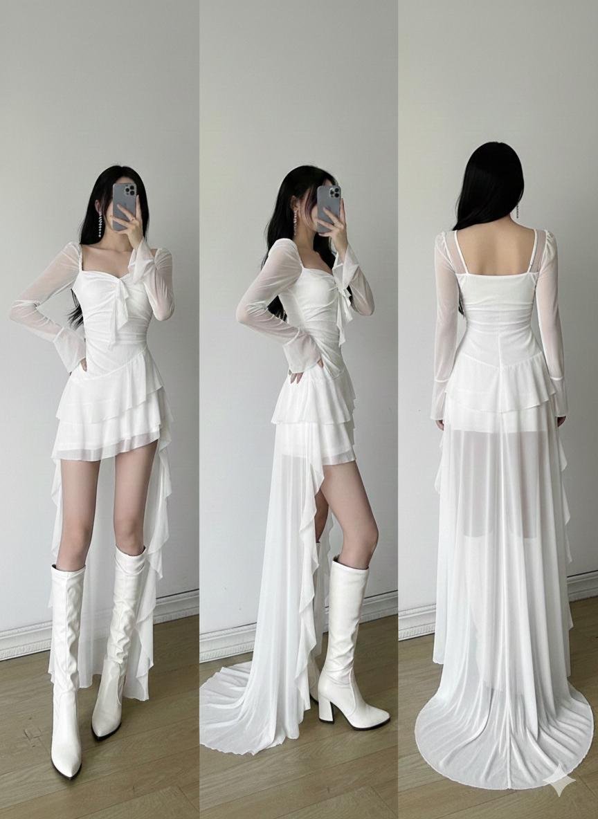 WhatsApp Image 2026-01-16 at 2.48.42 AM 🛒فستان طويل الأكمام بياقة مربعة مصنوع من شبكة قماشية ذو خصر عالي وقصة غير متماثلة، لون أحادي زاهي، مناسب للحفلات والمناسبات العادية 🎁كوبون خصم 50٪ لكل مستخدم جديد!